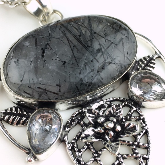 New Rutilated Black Quartz Crystal Stone Silver Overlay Pendant Necklace - Picture 2 of 7